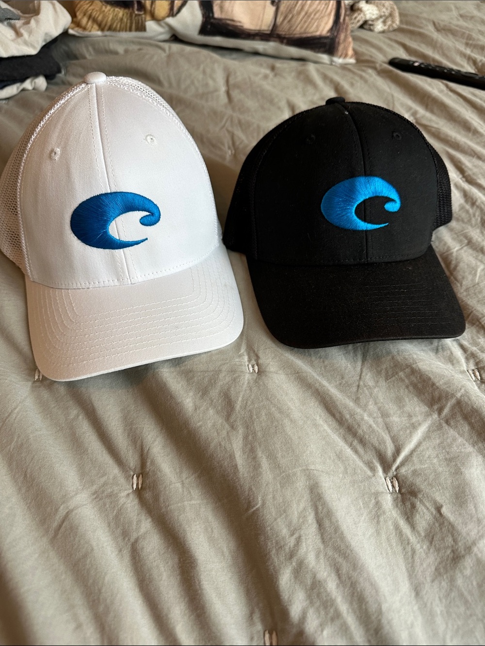 Pair of Costa Wave Logo Trucker Hats - White & Black with Blue Logo (lot of 2)